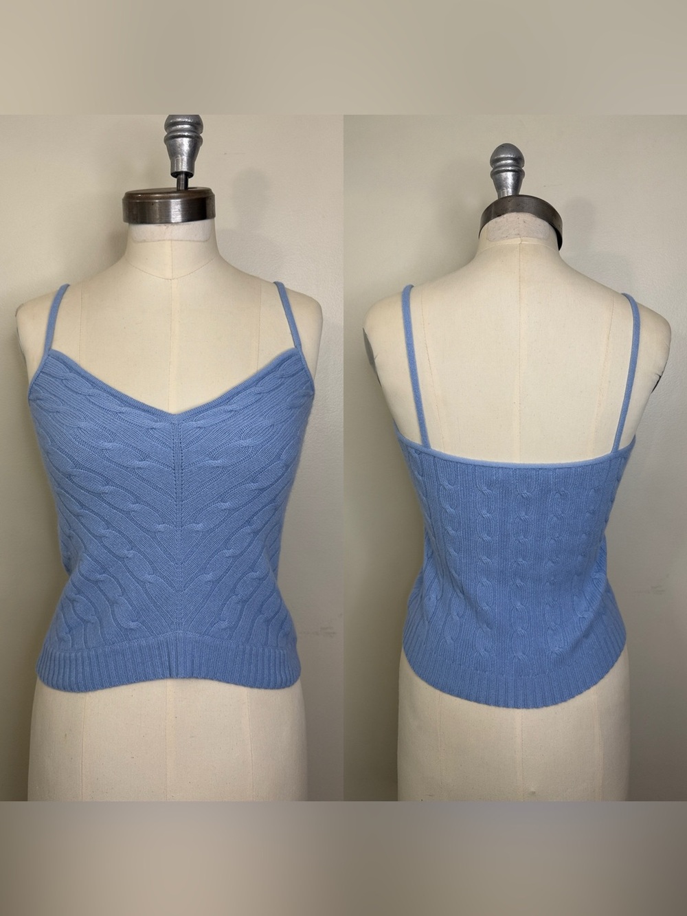 100% CASHMERE RALPH LAUREN BLACK LABEL CABLE-KNIT CAMISOLE PERIWINKLE BLUE MED